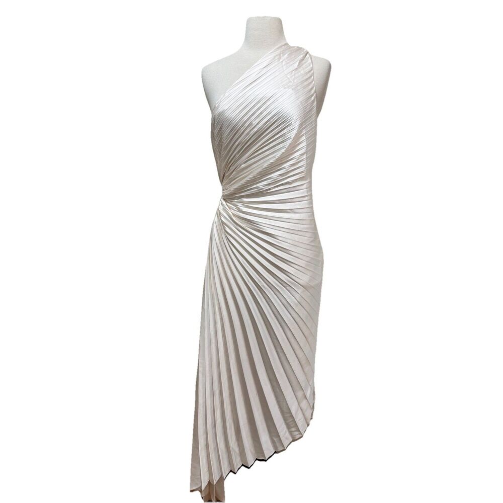 Dress Forum Olympia One Shoulder Pleated Asymmetric Maxi Dress Medium Ivory New - Picture 2 of 11